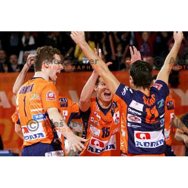 Urnaut, Satler and Skorc at volleyballl game ACH Volley Bled-Paris Volley in Indesit European Champions league, played in Ljubljana, Slovenia 12.12.2007. Photo by Ales Fevzer 