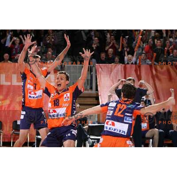 Touzinsky (7), Satler and Skorc at volleyballl game ACH Volley Bled-Paris Volley in Indesit European Champions league, played in Ljubljana, Slovenia 12.12.2007. Photo by Ales Fevzer 