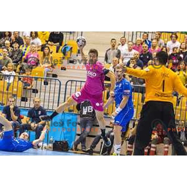 Celje’s David Razgor (9) in action during EHF Champions League match between Celje PL (Slovenia) and Meshkov Brest (Belarus) in Zlatorog Hall, Celje on October 14th, 2017