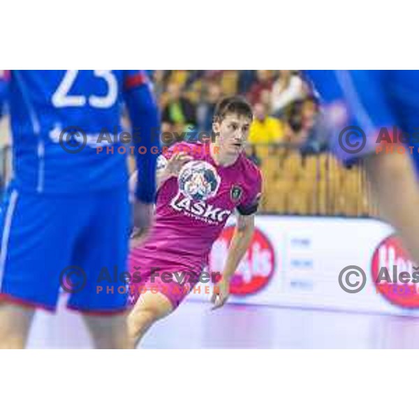 Celje’s David Razgor (9) in action during EHF Champions League match between Celje PL (Slovenia) and Meshkov Brest (Belarus) in Zlatorog Hall, Celje on October 14th, 2017
