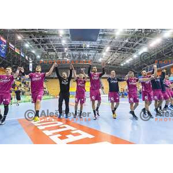 Team Celje celebrating after EHF Champions League match between Celje PL (Slovenia) and Meshkov Brest (Belarus) in Zlatorog Hall, Celje on October 14th, 2017
