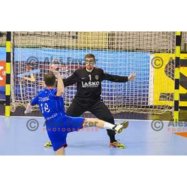 Celje’s Urban Lesjak (1) in action during EHF Champions League match between Celje PL (Slovenia) and Meshkov Brest (Belarus) in Zlatorog Hall, Celje on October 14th, 2017