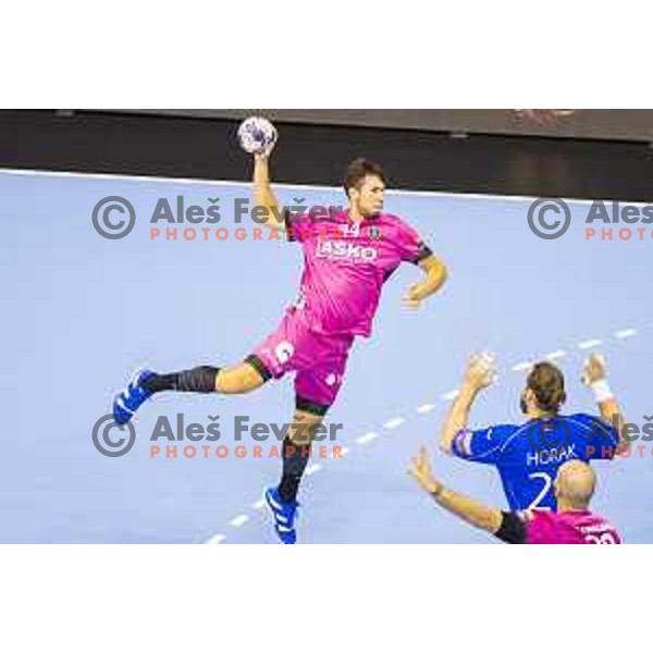Celje’s Daniel Dujshebaev (44) in action during EHF Champions League match between Celje PL (Slovenia) and Meshkov Brest (Belarus) in Zlatorog Hall, Celje on October 14, 2017