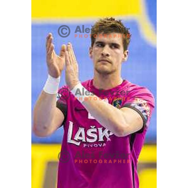 Celje’s Luka Mitrovic (20) in action during EHF Champions League match between Celje PL (Slovenia) and Meshkov Brest (Belarus) in Zlatorog Hall, Celje on October 14, 2017