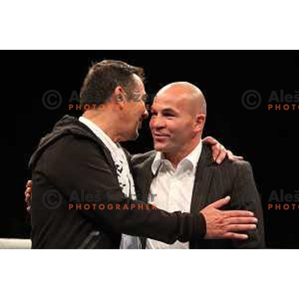 Promotor Mirko Skoko and slovenian boxing legend Dejan Zavec during CFC Pro Box and MMA Cage Fight night in Tivoli Hall, Ljubljana, Slovenia on October 14, 2017