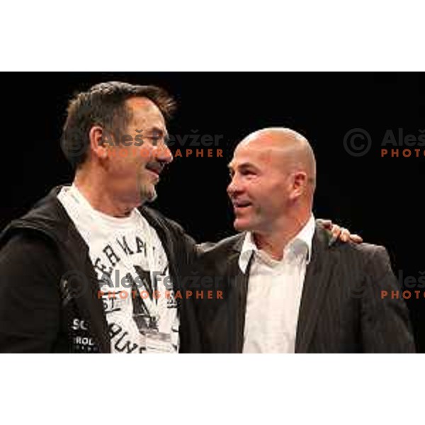 Promotor Mirko Skoko and slovenian boxing legend Dejan Zavec during CFC Pro Box and MMA Cage Fight night in Tivoli Hall, Ljubljana, Slovenia on October 14, 2017