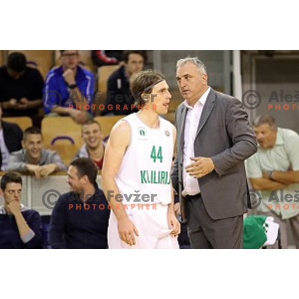 Luka Voncina and Sasa Doncic, head coach of Ilirija in action during Nova KBM league basketball match between Ilirija and Rogaska in Tivoli Hall, Ljubljana, Slovenia on October 14, 2017