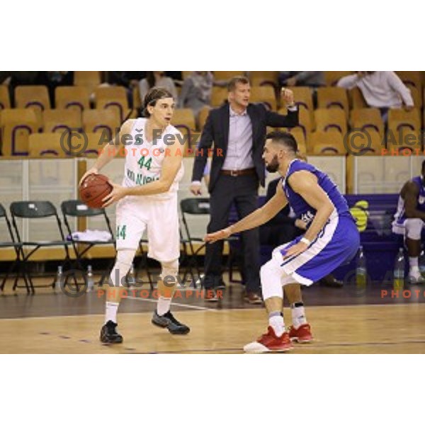 Luka Voncina of Ilirija and Mitja Nikolic of Rogaska in action during Nova KBM league basketball match between Ilirija and Rogaska in Tivoli Hall, Ljubljana, Slovenia on October 14, 2017