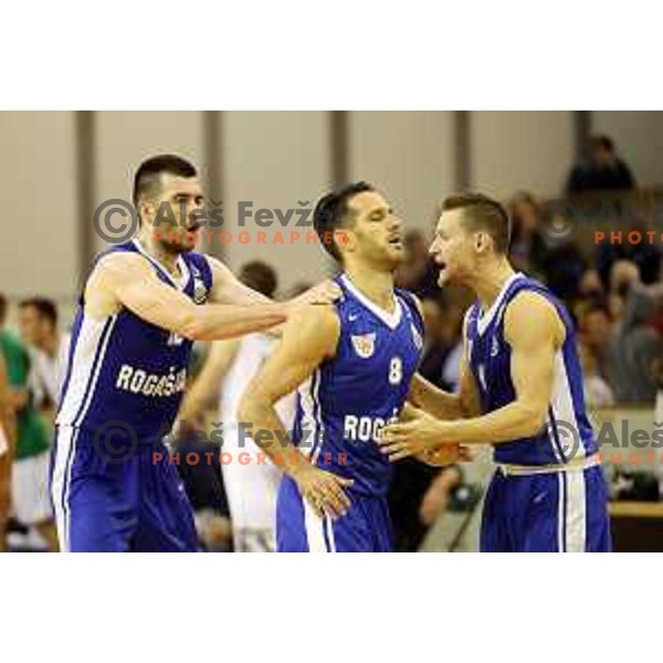 Marko Pajic,Miha Fon and Zan Kosic of Rogaska in action during Nova KBM league basketball match between Ilirija and Rogaska in Tivoli Hall, Ljubljana, Slovenia on October 14, 2017