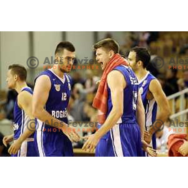 Marko Pajic and Leon Santelj of Rogaska in action during Nova KBM league basketball match between Ilirija and Rogaska in Tivoli Hall, Ljubljana, Slovenia on October 14, 2017