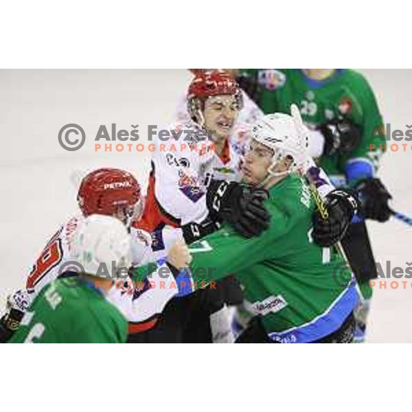 Uros batic of SZ Olimpija and Kristijan Magovac of SIJ Acroni jesenice in action during Alps League ice-hockey match between SZ Olimpija and SIJ Acroni Jesenice in Tivoli Hall, Ljubljana, Slovenia on October 25, 2017