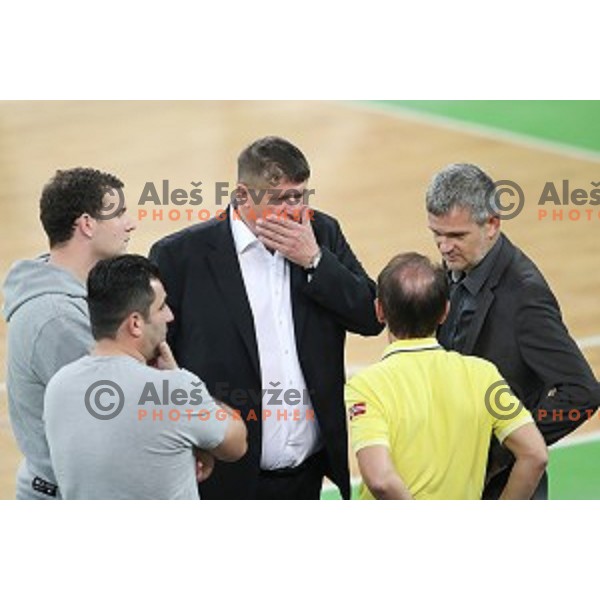 Roman Lisac and Tomaz Berlocnik during FIBA Champions League basketball match between Petrol Olimpija and Medi Bayreuth in Stozice Hall, Ljubljana on October 25, 2017