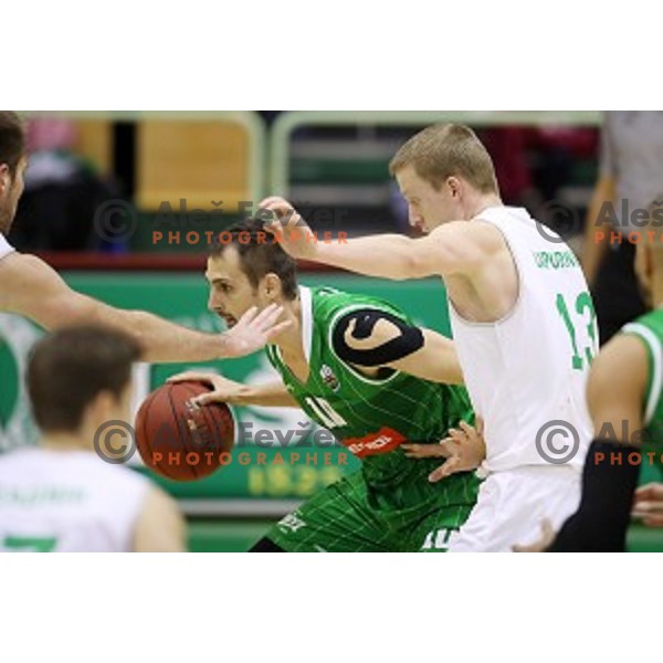 Miha Lapornik of Zlatorog Lasko and Domen Lorbek of Petrol Olimpija in action during Nova KBM league basketball match between Zlatorog Lasko and Petrol Olimpija in Tri Lilije Hall, Lasko, Slovenia on October 27 ,2017