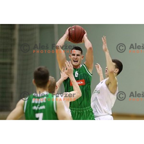 Jan Span of Petrol Olimpija and Nejc Baric of Zlatorog Lasko in action during Nova KBM league basketball match between Zlatorog Lasko and Petrol Olimpija in Tri Lilije Hall, Lasko, Slovenia on October 27, 2017