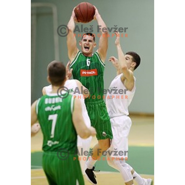 Jan Span of Petrol Olimpija and Nejc Baric of Zlatorog Lasko in action during Nova KBM league basketball match between Zlatorog Lasko and Petrol Olimpija in Tri Lilije Hall, Lasko, Slovenia on October 27, 2017