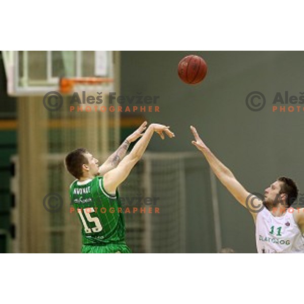Gregor Hrovat of Petrol Olimpija and Irman Polutak of Zlatorog Lasko in action during Nova KBM league basketball match between Zlatorog Lasko and Petrol Olimpija in Tri Lilije Hall, Lasko, Slovenia on October 27 ,2017