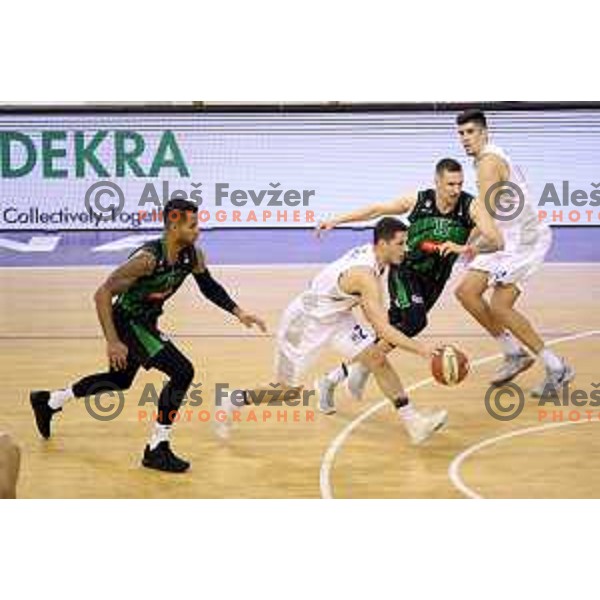 Devin Oliver and Gregor Hrovat of Petrol Olimpija in action during ABA league basketball match between Petrol Olimpija and Buducnost Voli in Tivoli Hall, Ljubljana on October 29, 2017