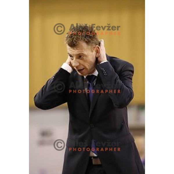 Gasper Okorn, head coach of Petrol Olimpija in action during ABA league basketball match between Petrol Olimpija and Buducnost Voli in Tivoli Hall, Ljubljana on October 29, 2017