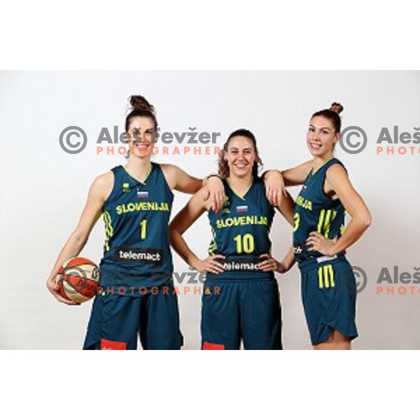 Eva Lisec, Tina Jakovina and Tina Trebec of Slovenia Women\'s basketball team during photo shooting in hotel Thermana, Lasko, Slovenia on November 7, 2017