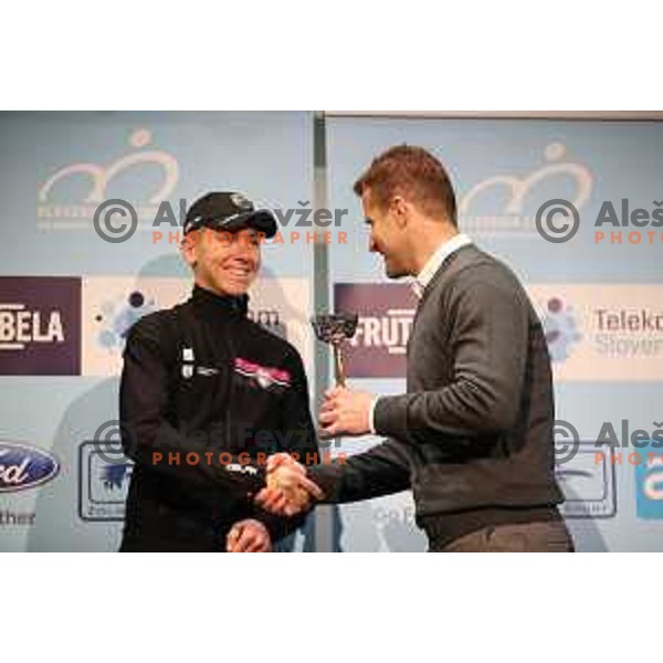 Tadej Pogacar and Andrej Hauptman at Evening of Cycling Stars with awards for best Slovenian cyclists at Ljubljana Castle, Slovenia on November 9, 2017