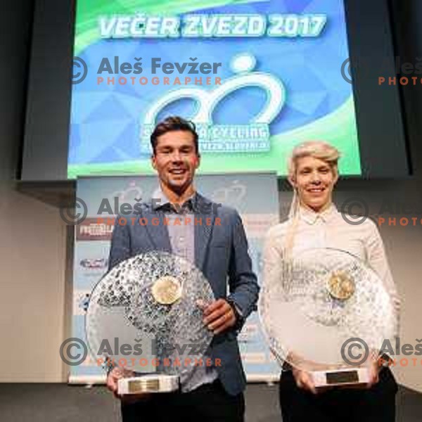 Primoz Roglic and Monika Hrastnik at Evening of Cycling Stars with awards for best Slovenian cyclists in 2017 season at Ljubljana Castle, Slovenia on November 9, 2017