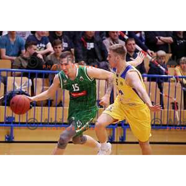 Gregor Hrovat and Jan Novak in action during Nova KBM league basketball match between Sencur GGD and Petrol Olimpija in Sencur Sports Hall, Slovenia on November 10, 2017