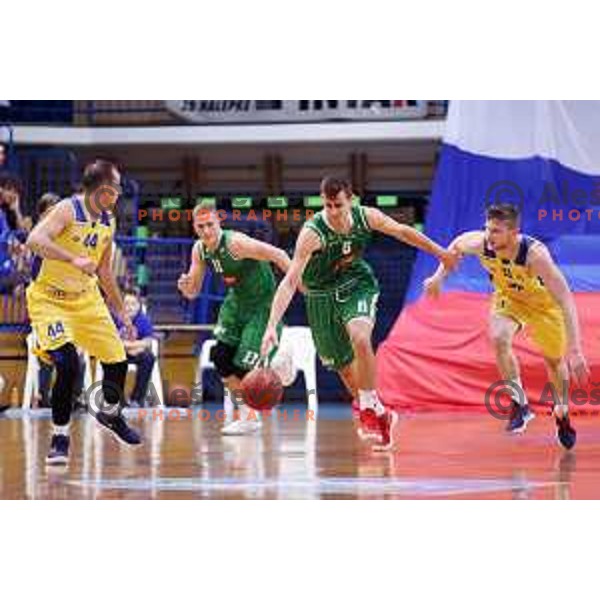 Roko Badzim of Petrol Olimpija and Miljan Pavkovic of Sencur GGD in action during Nova KBM league basketball match between Sencur GGD and Petrol Olimpija in Sencur Sports Hall, Slovenia on November 10, 2017
