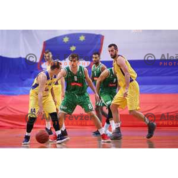 Roko Badzim of Petrol Olimpija and Miljan Pavkovic of Sencur GGD in action during Nova KBM league basketball match between Sencur GGD and Petrol Olimpija in Sencur Sports Hall, Slovenia on November 10, 2017