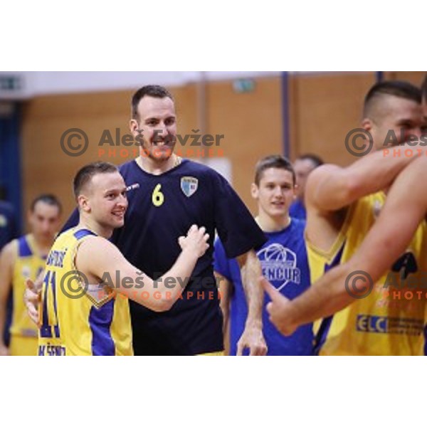 Nejc Martincic and Urban Gorjanc in action during Nova KBM league basketball match between Sencur GGD and Petrol Olimpija in Sencur Sports Hall, Slovenia on November 10, 2017