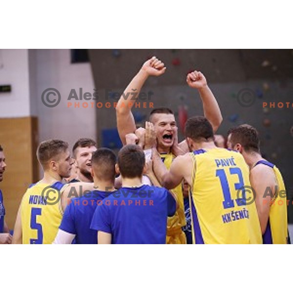 Dino Muric of Sencur GGD celebrates victory at during Nova KBM league basketball match between Sencur GGD and Petrol Olimpija in Sencur Sports Hall, Slovenia on November 10, 2017