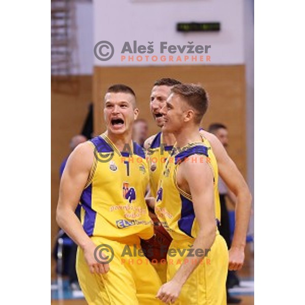 Dino Muric,Ramo Rizvic and Grega Sajevic of Sencur GGD celebrate victory at during Nova KBM league basketball match between Sencur GGD and Petrol Olimpija in Sencur Sports Hall, Slovenia on November 10, 2017