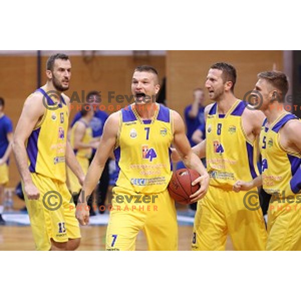Dino Muric of Sencur GGD celebrates victory at during Nova KBM league basketball match between Sencur GGD and Petrol Olimpija in Sencur Sports Hall, Slovenia on November 10, 2017