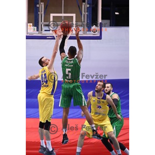 Urban Gorjanc and Smiljan Pavic in action during Nova KBM league basketball match between Sencur GGD and Petrol Olimpija in Sencur Sports Hall, Slovenia on November 10, 2017