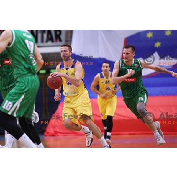 Ramo Rizvic of Sencur GGD and Gregor Hrovat in action during Nova KBM league basketball match between Sencur GGD and Petrol Olimpija in Sencur Sports Hall, Slovenia on November 10, 2017