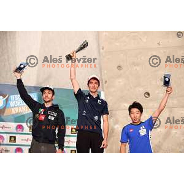 Romain Desgranges (FRA) overall winner of IFSC Climbing World Cup 2107 in Zlato Polje Hall, Kranj, Slovenia on November 12, 2017