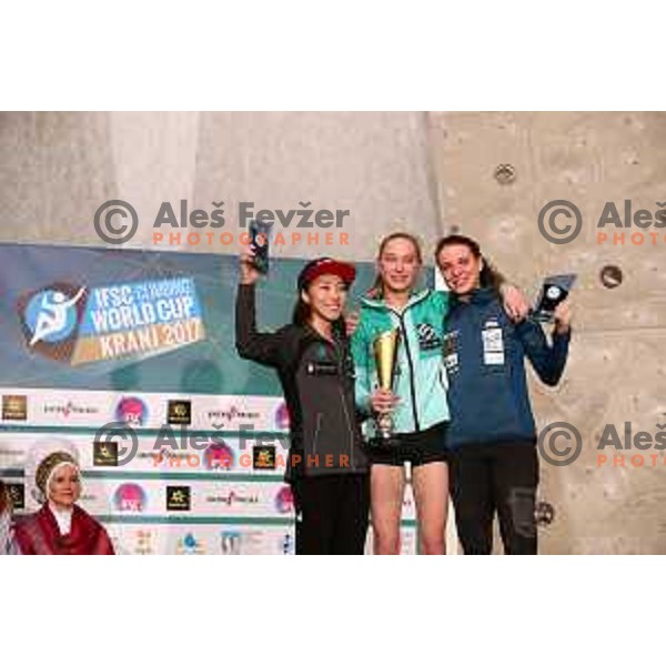 Jain Kim (KOR), Janja Garnbret (SLO), winner of IFSC Climbing World Cup Ladies Final and Overall World Cup for 2017 season and Anak Verhoeven (BEL) at podium in Zlato Polje Hall, Kranj, Slovenia on November 12, 2017