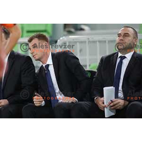 Gasper Okorn and Igor Keselj of Petrol Olimpija in action during ABA league basketball match between Petrol Olimpija and MZT Skopje Aerodrom in SRC Stozice, Ljubljana on November 12, 2017