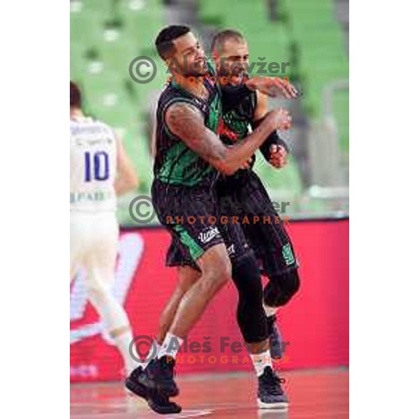 Devin Oliver and Jordan Morgan of Petrol Olimpija in action during ABA league basketball match between Petrol Olimpija and MZT Skopje Aerodrom in SRC Stozice, Ljubljana on November 12, 2017