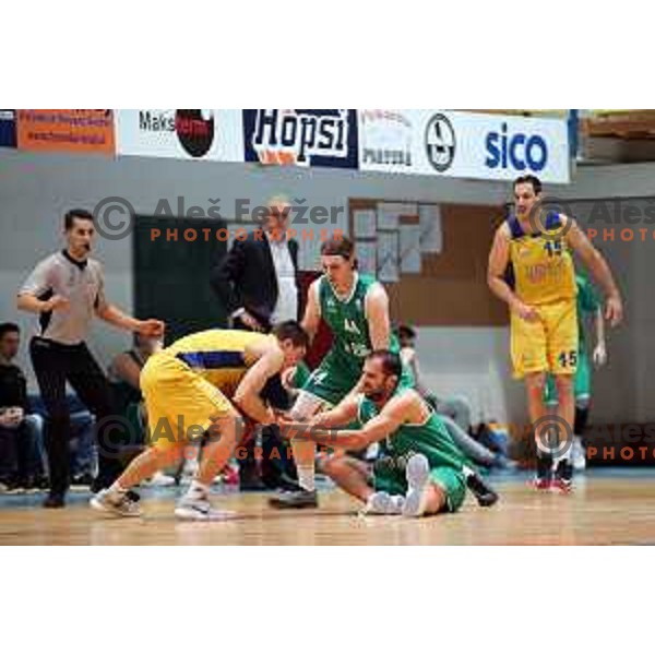 Tjaz Rotar, Luka Voncina, Stipe Modric in action during Nova KBM league basketball match between Hopsi Polzela and Ilirija in Polzela Sports Hall, Slovenia on November 11, 2017