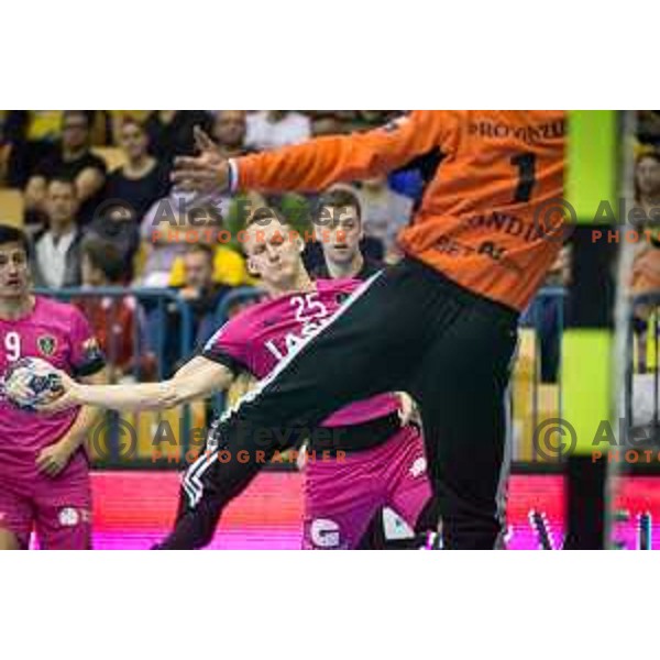 Tilen Kodrin of Celje in action during EHF Champions League 2017/18 handball match between Celje PL and Kiel, played in Arena Zlatorog, Celje, Slovenia on November 19, 2017