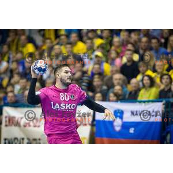Kristian Beciri of Celje in action during EHF Champions League 2017/18 handball match between Celje PL and Kiel, played in Arena Zlatorog, Celje, Slovenia on November 19, 2017