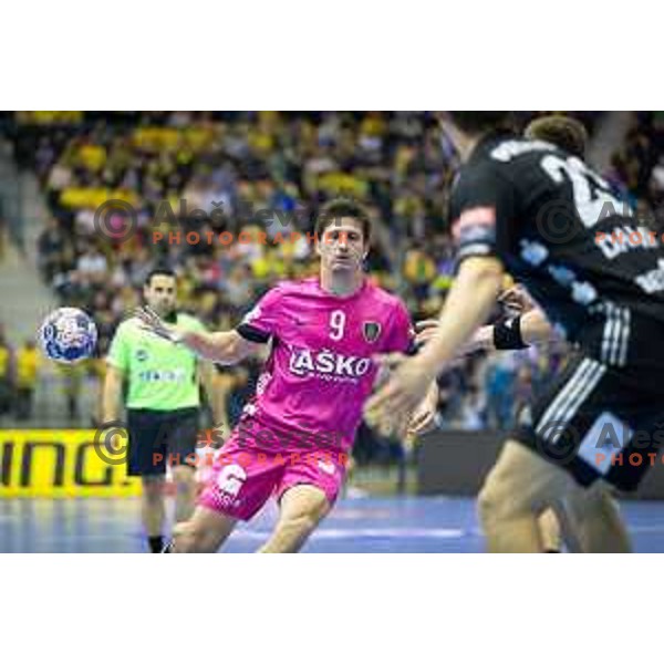 David Razgor of Celje in action during EHF Champions League 2017/18 handball match between Celje PL and Kiel, played in Arena Zlatorog, Celje, Slovenia on November 19, 2017
