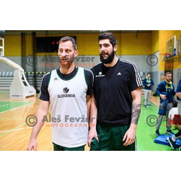 Sasa Zagorac, Ziga Dimec in action during training of the Slovenian national basketball team in Arena Stozice, Ljubljana, Slovenia on November 20, 2017