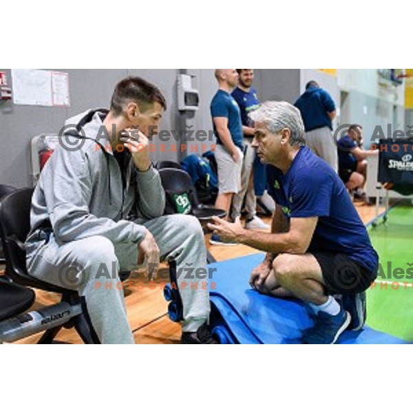 Gasper Vidmar, Miljan Grbovic in action during training of the Slovenian national basketball team in Arena Stozice, Ljubljana, Slovenia on November 20, 2017