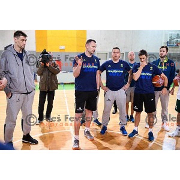 Gasper Vidmar, Rado Trifunovic, Jaka Lakovic in action during training of the Slovenian national basketball team in Arena Stozice, Ljubljana, Slovenia on November 20, 2017