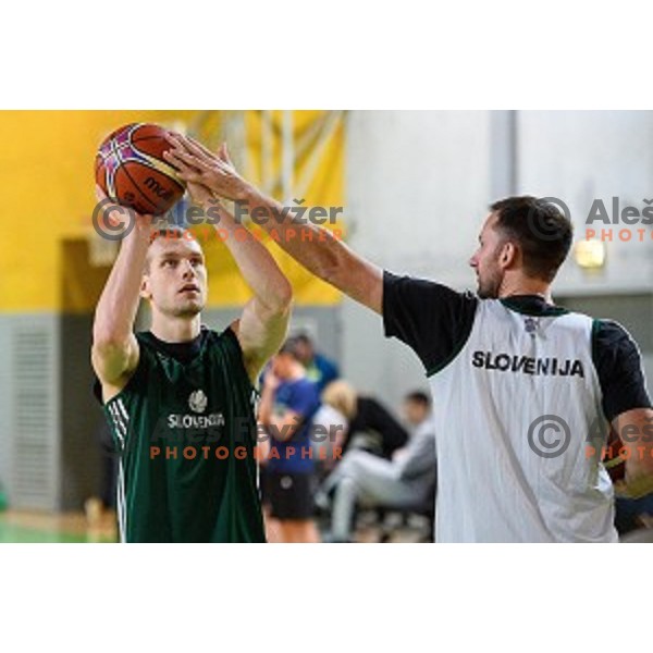 Jaka Blazic, Sasa Zagorac in action during training of the Slovenian national basketball team in Arena Stozice, Ljubljana, Slovenia on November 20, 2017