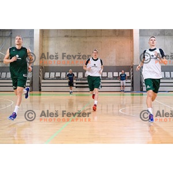 Jaka Blazic, Miha Lapornik, Luka Rupnik in action during training of the Slovenian national basketball team in Arena Stozice, Ljubljana, Slovenia on November 20, 2017
