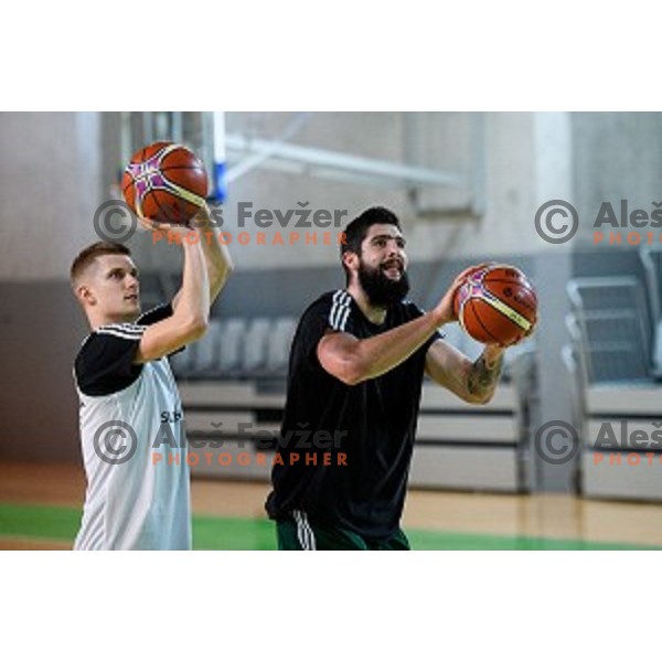 Luka Rupnik, Ziga Dimec in action during training of the Slovenian national basketball team in Arena Stozice, Ljubljana, Slovenia on November 20, 2017