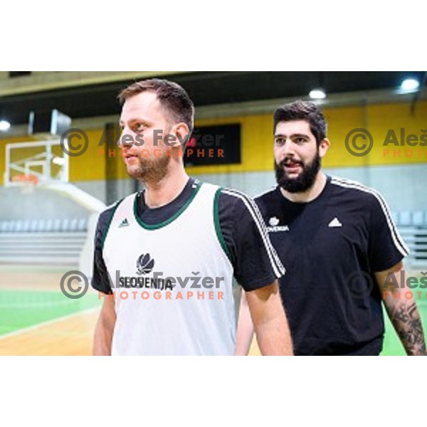 Sasa Zagorac, Ziga Dimec in action during training of the Slovenian national basketball team in Arena Stozice, Ljubljana, Slovenia on November 20, 2017