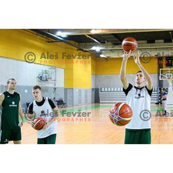 Jaka Blazic, Luka Rupnik, Blaz Makhovic in action during training of the Slovenian national basketball team in Arena Stozice, Ljubljana, Slovenia on November 20, 2017